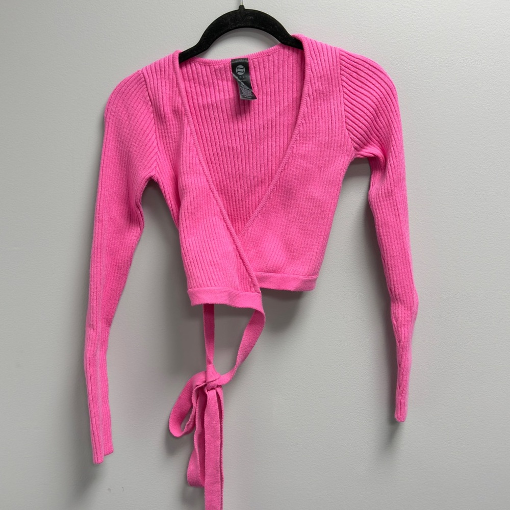 NOLI Pink Ribbed Wrap Top XS Long Sleeve Balletcore Tie Front Crop Sweater